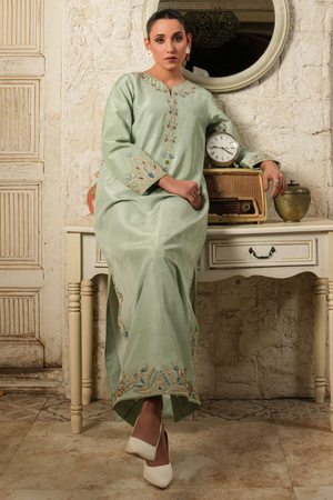 Serene Mint Green Raw Silk Long Kaftan