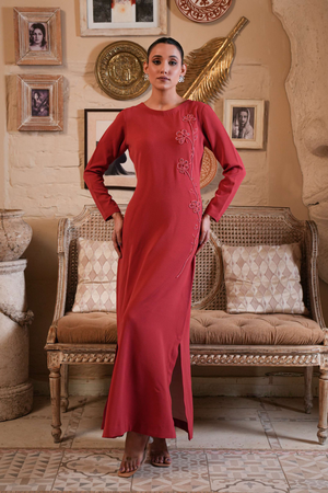 Crimson Terracotta Long Silk Dress