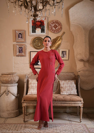 Crimson Terracotta Long Silk Dress