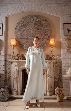 Serene Ice Blue Raw Silk Long Kaftan