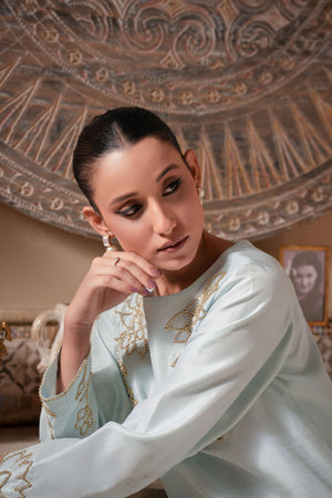 Serene Mint Green Raw Silk Long Kaftan