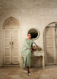 Sage Green Raw Silk Embroidered Long Dress - Raya Attire