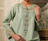 Sage Green Raw Silk Embroidered Long Dress - Raya Attire