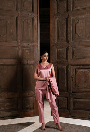 Rose Pink Raw Silk Gown & Straight Pants Set