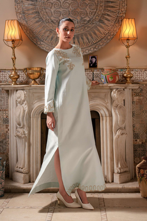 Serene Mint Green Raw Silk Long Kaftan